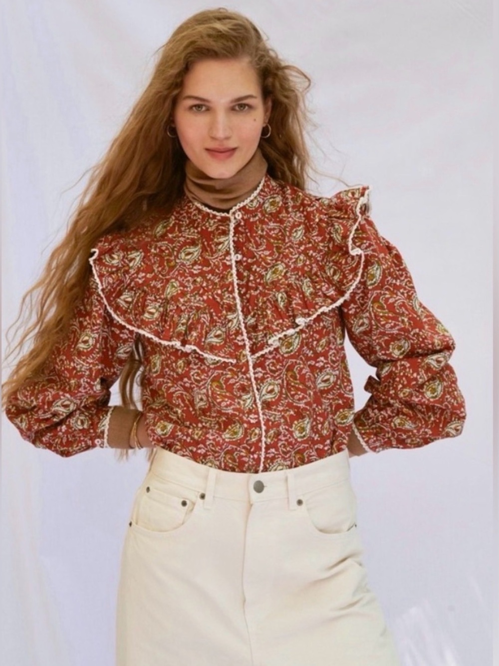 Sonmer | Dorothy Terracotta Floral Ruffle-Trim Blouse | P2P 20โ